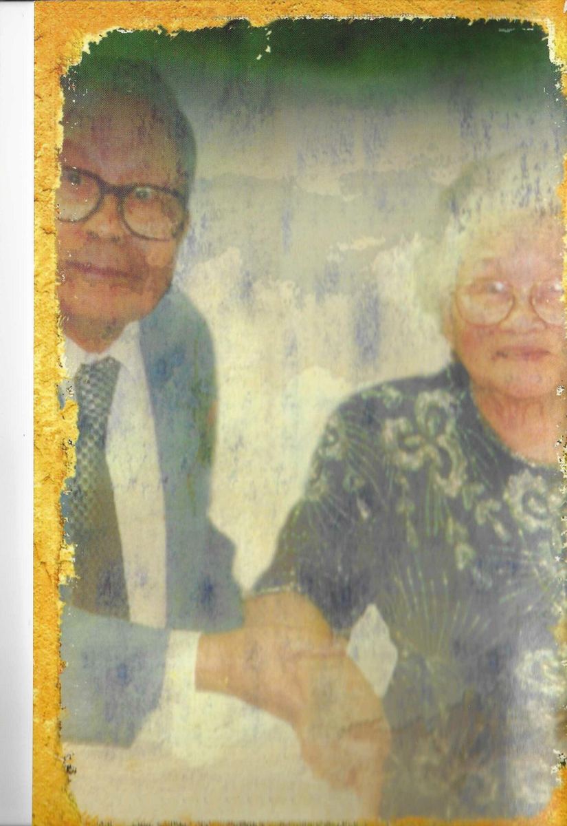 Back cover of the book, a faded colour photograph of the author and his wife.